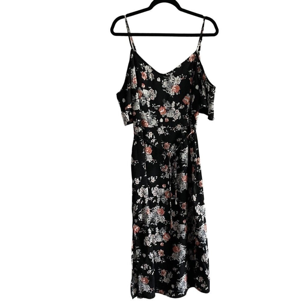 Lumiere Women L Black Floral Short Sleeve Cold Shoulder Belted A-Line Midi Dress